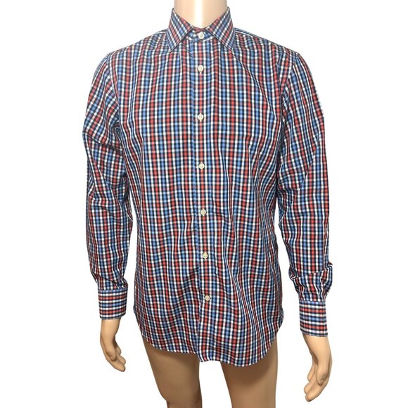 Banana Republic Men Button Up Shirt M  Slim Fit Checked Red White Blue Non-Iron - Picture 1 of 13